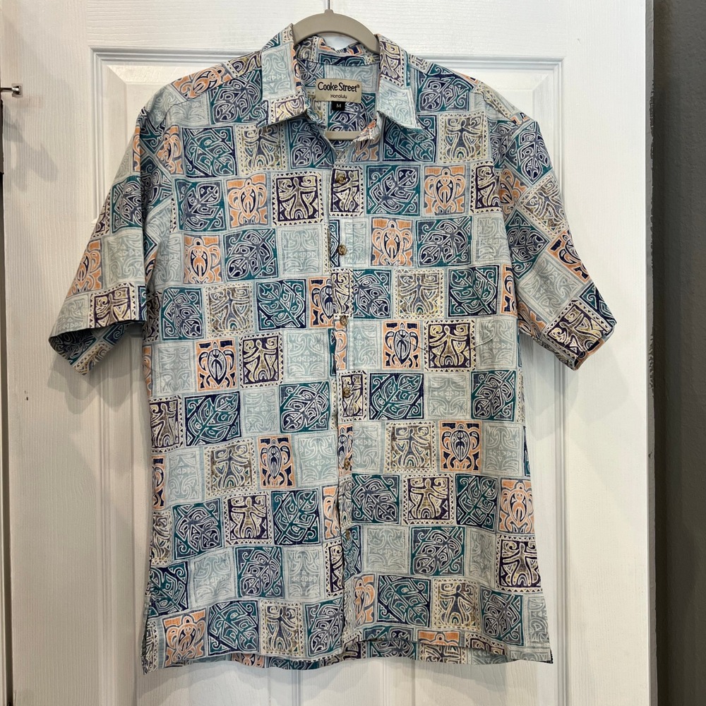 Cooke Street Honolulu Button Down Cotton Block Print Hawaiian Aloha Shirt Mens M